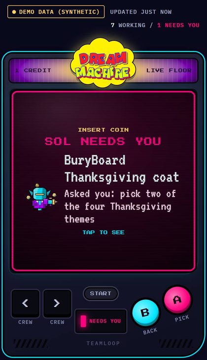 Phone view: an arcade cabinet in Attract Mode, showing the one character who needs an answer