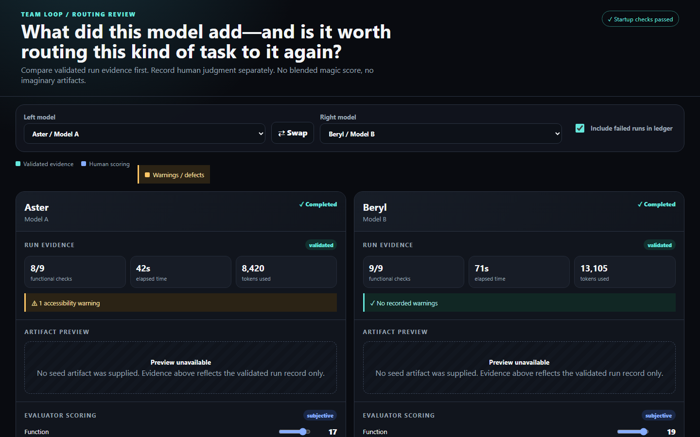 Model comparison console separating evidence, judgment, scores, and warnings