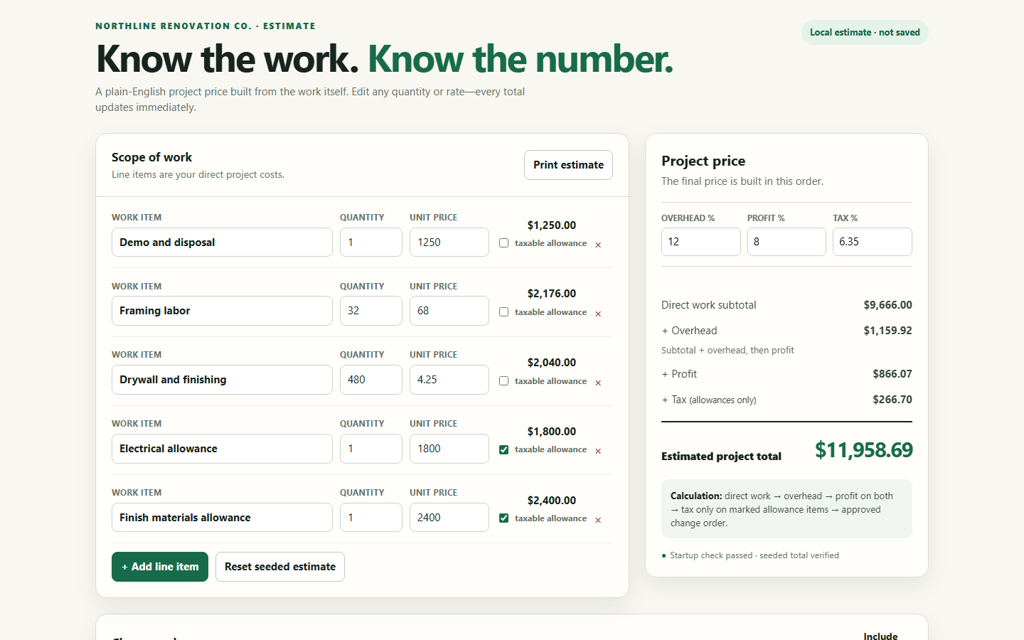 Editorial renovation estimate with live line items, pricing stack, and change order controls